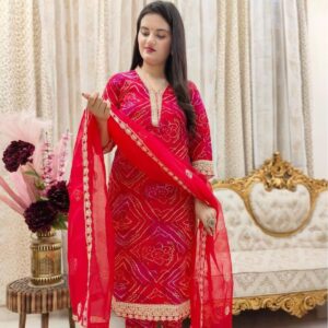 Red Bandhani Print Cotton A-line Suit Set With Net Dupatta