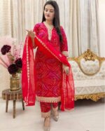 Red Bandhani Print Cotton A-line Suit Set With Net Dupatta