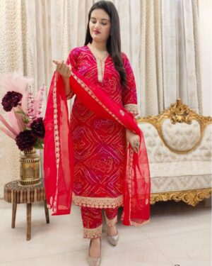 Red Bandhani Print Cotton A-line Suit Set With Net Dupatta